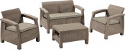 Комплект мебели CORFU II SET cappuccino (стол+2 кресла+диван), полипропилен-имитация ротанг